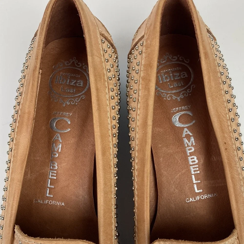 Jeffrey Campbell Dorm Tan Leather Studded Loafer, Size 6.5